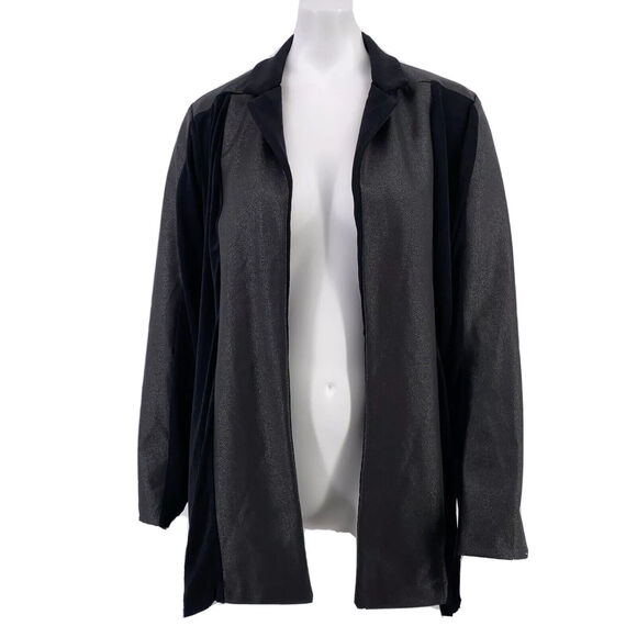 Chicos Travelers Black Textured Wet Look Slinky Open Front Cardigan Shirt Sz 1 M - Picture 1 of 8